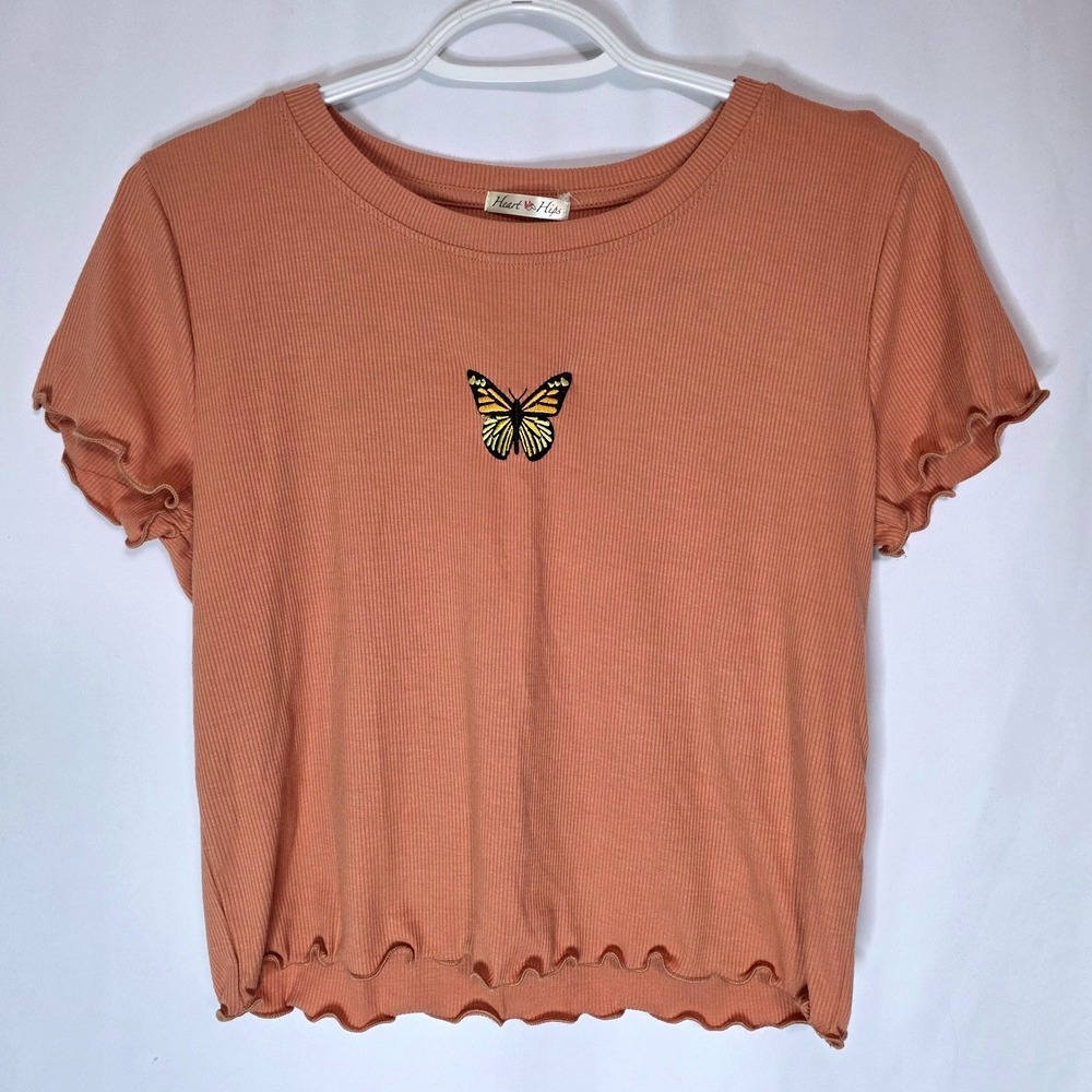 Heart & Hips Butterfly Crop Top Ribbed Lettuce Trim‎ Peach Y2K Fairycore Tee